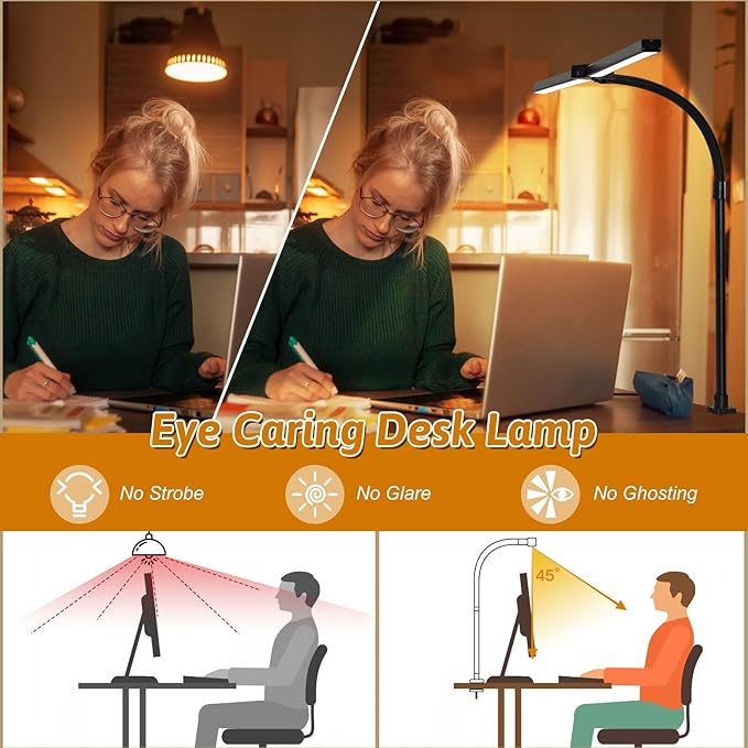 Double Head LED Desk Lamp with Remote Control for Home Office 24W Brightest Computer Desk Light for Workbench Drafting Architect Study Reading with Anti-Glare Cover