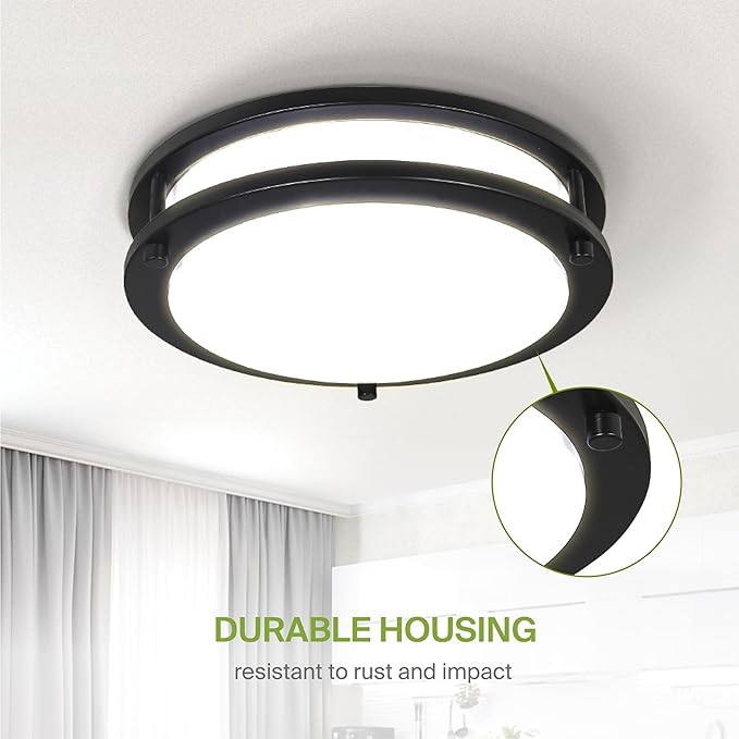 ASD LED 10" Round Flush Mount Lighting, Close to Ceiling Light Fixture | 3CCT, Dimmable, Energy Star, ETL Listed | 16W 1050LM 3000K-5000K 120V | Low Profile Double Ring Lamp | Black