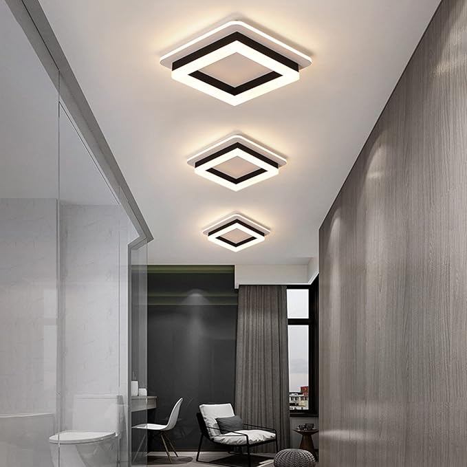 CANEOE Square Modern Led Ceiling Light Fixture, 24W Black Flush Mount Hallway Ceiling Light Small Close to Ceiling Lamp for Living Room Bedroom Kitchen Balcony Cloakroom (Warm White, 3000K)