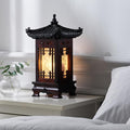 Traditional Korean Wood Lamp | Handmade Asian Oriental Table Lantern | Bedside Bedroom Accent Light | Unique Gift Idea | Pagoda Design (Brown) (House L)