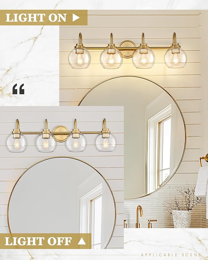 Bathroom Light Fixtures, 4-Light Brushed Gold Vanity Lights with Globe Clear Glass, 30 Inch Champagne Bronze Vanity Lighting Fixtures Over Mirror, AD-22280-4W-GD
