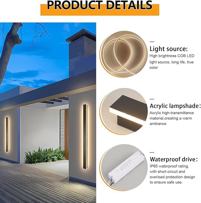 Modern Outdoor Wall Light, 2pack 70.8inch Black Exterior Lighting Fixture Wall Mount, IP65 Waterproof 3000K Porch Lights Wall Sconce,Long LED Linear Outside Lighting for House,Garage