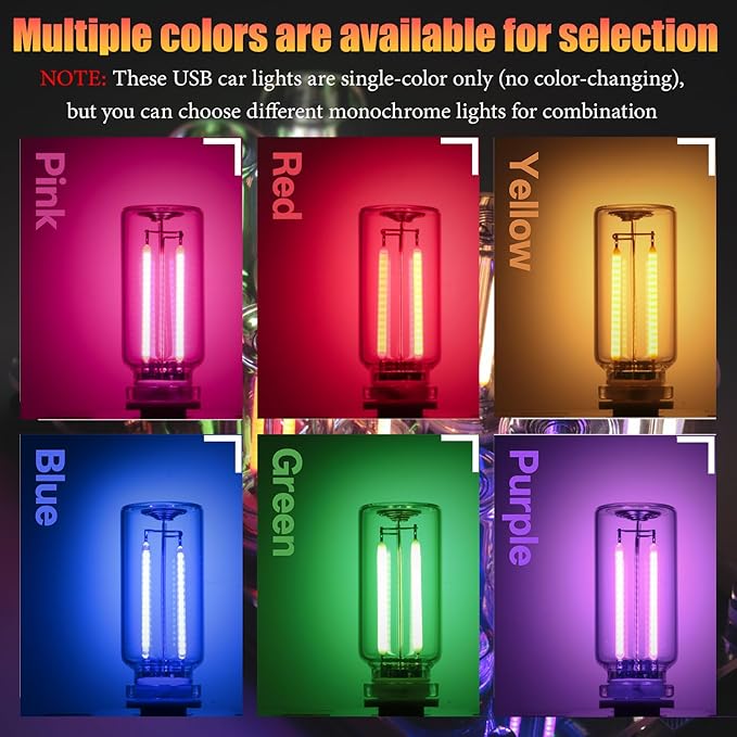 2 Pack Car LED Lights Interior, USB Light for Car Decor & Bedroom, Touch Dimmable Ambient Lighting, Mini Glass Bottle Night Light for Camping Gifts-Pink