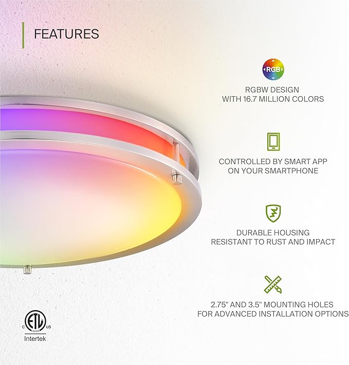 ASD LED 18" Round Flush Mount Lighting, Close to Ceiling Light Fixture | Smart, Multicolor, Dimmable, ETL Listed | 28W 1850LM RGB-2700-6500K 120V | Low Profile Double Ring Lamp | Nickel