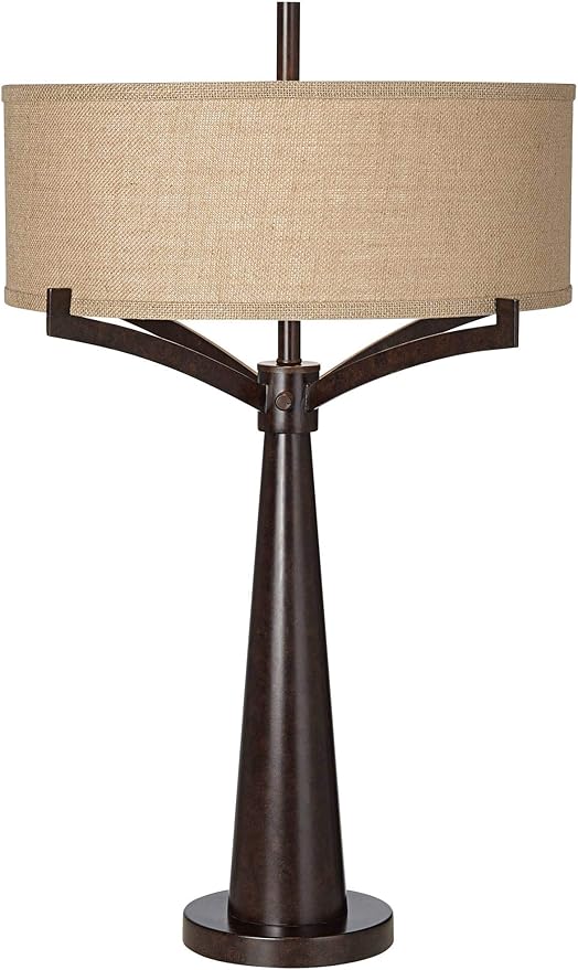 Franklin Iron Works Tremont Rustic Farmhouse Table Lamp 31 1/2" Tall Allegheny Bronze Brown Iron Burlap Fabric Drum Shade for Bedroom Living Room House Home Bedside Nightstand Office Entryway Kids