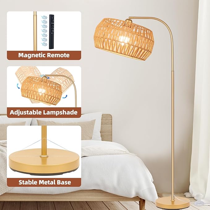 Boho Gold Floor Lamp- Rattan Lamp with Stepless Dimmable Bulb, Mid Century Modern Floor Lamp with 2 in 1 Lampshades, Bohemian Gold Tall Lamp for Living Room, Office, Classroom