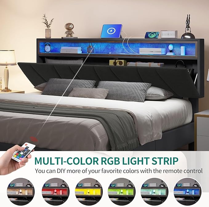 YITAHOME Queen Size Upholstered Bed Frame, LED Bed Frame with Storage Headboard, Platform Bed with Outlet & USB Ports, No Box Spring Needed, Easy Assembly, Grey
