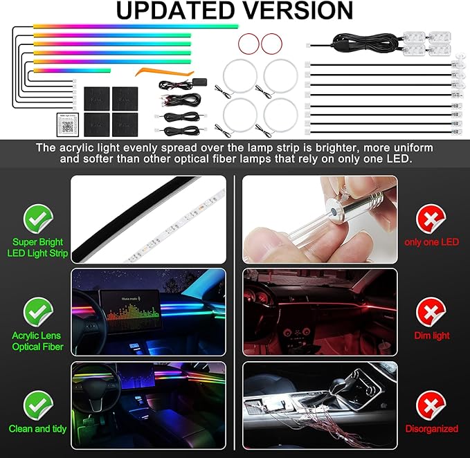 Dreamcolor Acrylic Interior Car LED Strip Light with Wireless APP, RGB 22 in 1 with 175 inches 612 LEDs Fiber Optic Strip Lights for Car, Dual Zone Music Sync Neon Car Ambient Lighting Kits