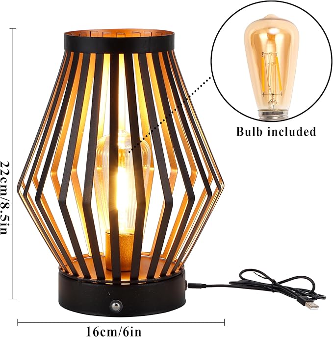 JHY DESIGN Dimmable Touch Bedside Table Lamp 8.5''H Rechargeable Metal Cage Lantern with LED Edison Style Bulb Cordless Accent Lamp for Weddings Parties Patio Events for Indoors Outdoors