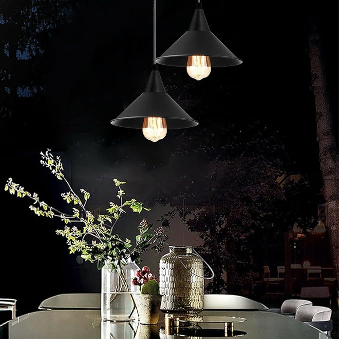 Black Metal Cone Pendant Light Shade Farmhouse Hanging Light Fixture Replacement Lamp Shade for Ceiling Fan or Kitchen Island Lighting (Black, Pack of 1)