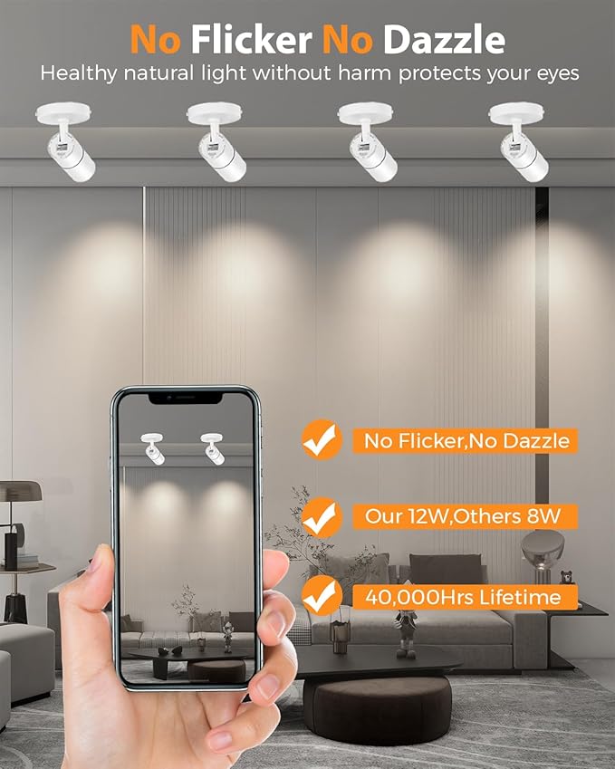 Zoomable LED Ceiling Spot Lights Indoor Adjustable Ceiling Spotlight Fixture Directional Ceiling Light Dimmable Flush Mount Can Accent Lighting for Kitchen Art Picture - 12W 1000lm White 4000K