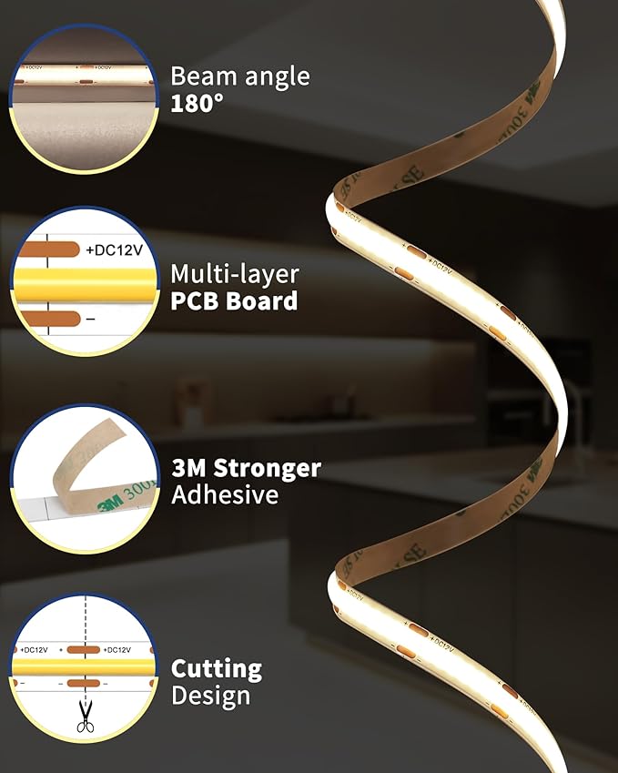 GOOVER COB LED Strip Lights 16.4ft, 4000K Natural White DC 12V Dimmable Tape Light, Ra 95+,150+LM/FT,2.2W/ft, 1600 LEDs, UL Listed for Cabinets,Bedroom(Power Supply Sold Separately)