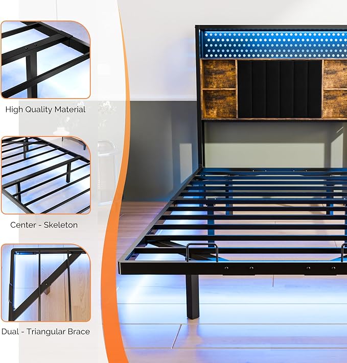 VINGLI Floating Bed Frame Twin Bed with Charging Station and LED Lights,Twin Metal Bed Frame,Cozy Hidden Storage Velvet Upholstered Headboard,No Box Spring Needed,Easy Assembly,Black
