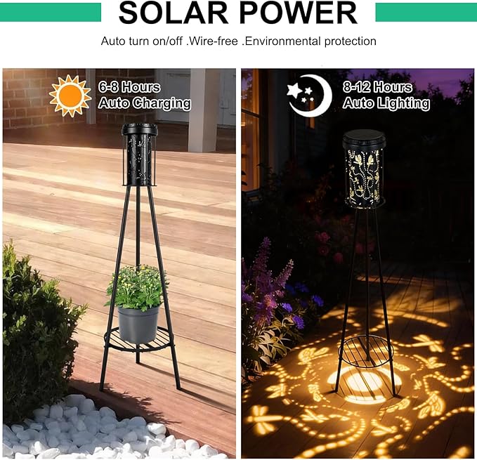 RGB Dragonfly Projection Solar Floor Lamps Outdoor, Metal Floor Light with Plant Stand,42.48" Decorative Waterproof Lighting for Garden,Patio,Porch,Yard,Deck,Black,2 Pack