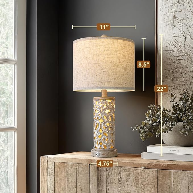 22" Dual Light Table Lamp,Lamps for Bedroom with USB A+C Charging Ports,Touch Lamp with 3-Level Dimming,Farmhouse Lamps for Living Room and Night Stands (Bulb Included)