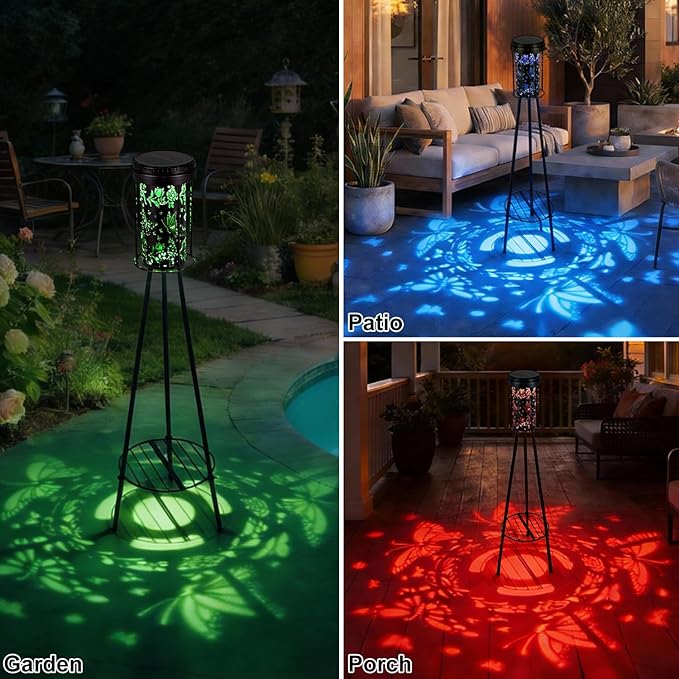 Solar Floor Lamps Outdoor RGB Butterfly Projection Metal Cordless Floor Lamp with Plant Stand,42.48 Inch Waterproof Decorative Garden,Patio,Porch,Yard,Path,Light,Black