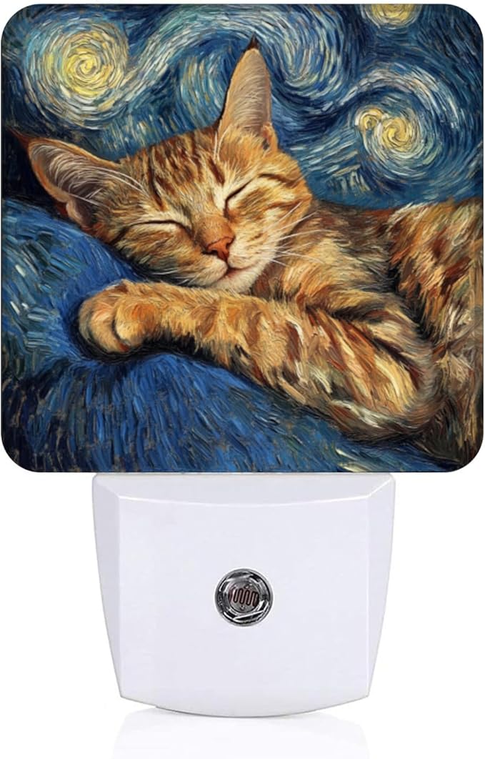 LED Night Lights Plug into Wall,Starry Night Napping Brown Tabby Cat Decorative Night Lights Plug into Wall with Auto Light Sensor for Boys Girls Bedroom Decorative Nightlight Led Lamp