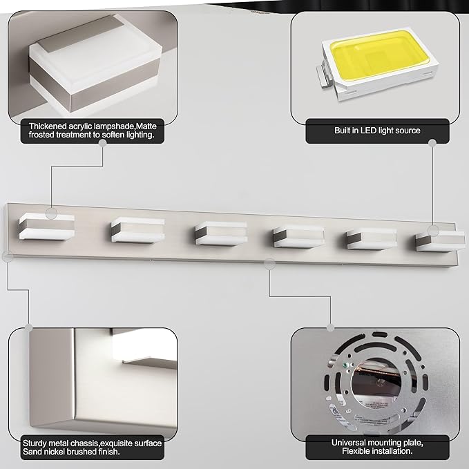 SOLFART Bathroom Vanity Lights, Brushed Nickel Light Fixtures for Bathroom Above Mirror, 6 Light Led Vanity Lighting,5 Color Temperature Adjustable,Bath Lighting Fixture Nickel