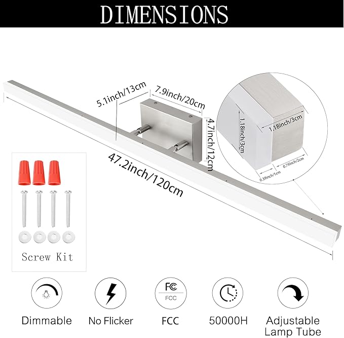 48 inch LED Modern Bathroom Vanity Lighting Fixtures Over Mirror, Brushed Nickel Adjustable Makeup Vanity Light Bar Dimmable 46W 5000K Cool White