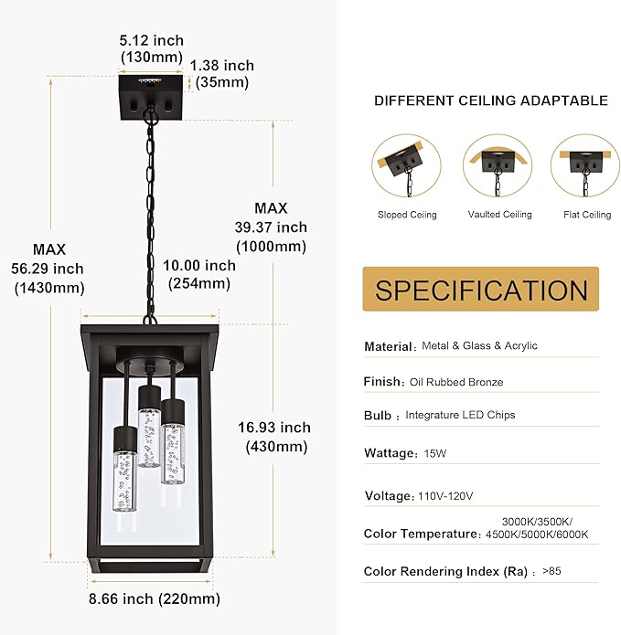 TODOLUZ LED 5 CCT 3-Light Large Outdoor Pendant Light Fixtures with Led Chips Height Adjustable, Porch Hanging Lighting in Oil Rubbed Bronze, Exterior Ceiling Lamp for Entrance Patio Garden