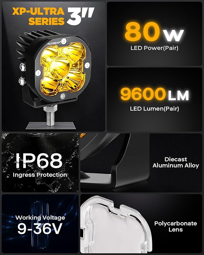 Auxbeam XP-Ultra Series Hyperspot LED Pods, 3 Inch 80W Spot Beam Offroad Lights, 9600LM Amber White Dual Color, 30° Spotlight Yellow Fog Ditch Lights, for 4x4 Jeep Ford Toyota, Pair