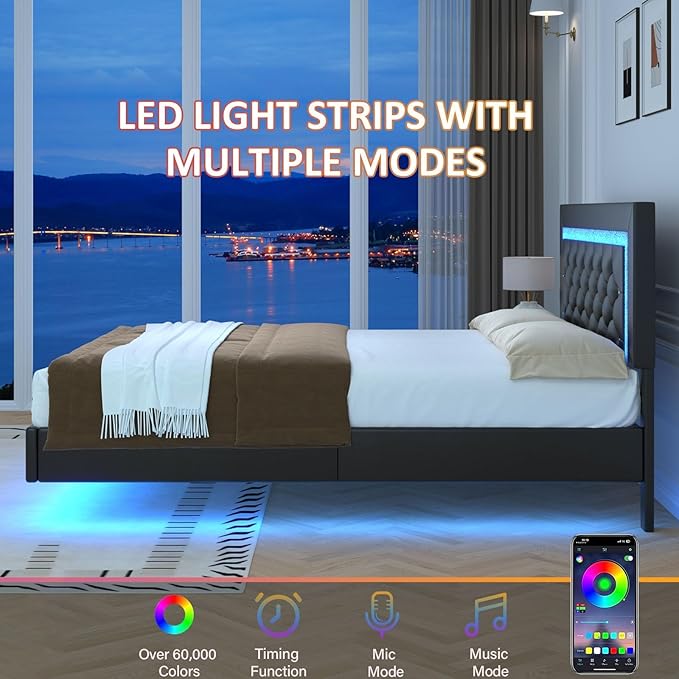 BarnFurin Floating Bed Frame King with LED Lights, Upholstered Platform Bed with Diamond Tufted Headboard, No Box Spring Needed, Noise Free, Easy Assembly, Black