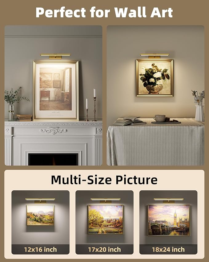 EZVALO Picture Light for Wall, 4800mAh Rechargeable Wireless Remote, 16'' Dimmable Magnetic LED Art Display Light with 3 Color Temperatures, for Gallery, Living Room, Bedroom, Hallway (Gold-2Pack)