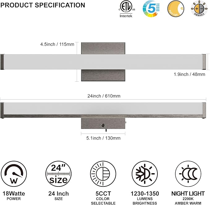 24 Inch Bathroom Vanity Light Fixtures with Night Light: Long Square Wall Mounted LED Lighting Bar over mirror with 5CCT & 2200K Color Changing, 120V, 1230-1350lm, ETL, Brushed Nickel, 2-Pack