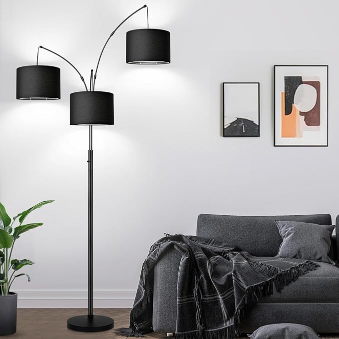 Dimmable Floor Lamp - 3 Lights Arc Floor Lamps for Living Room, 1000LM Modern Tall Standing Lamp With Black Shades & Heavy Base, Mid Century Tree Floor Lamp for Bedroom Office, 3 LED Bulbs Included