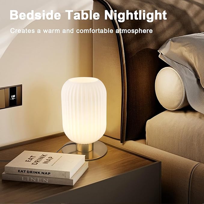 Small Bedside Table Lamp Milk Glass Table Lamp Vintage Gold Nightstand Lamp Mid Century Modern Lamps White Bedside Lamp with Brass Metal Base for Bedroom Living Room Study Office Corner