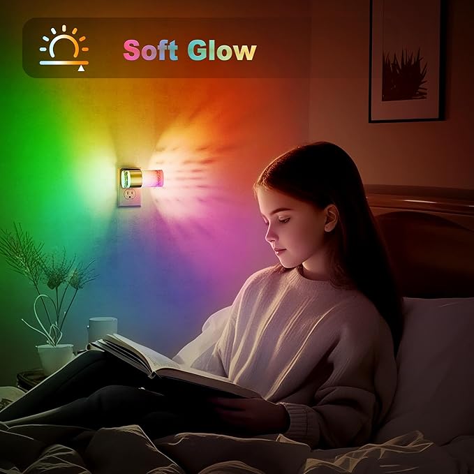 JandCase Night Lights Plug into Wall,1 Pack Color Changing Night Light for Kids with 1 Remote Control, 3000K+RGB LED Nightlight with Light Sensor, 10/50/100LM Adjustable for Rooms Home Decor