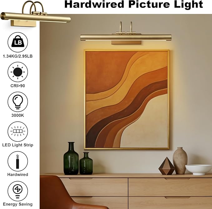 Picture Light, 23" Rotatable Brass Picture Lights for Wall, Art Lights Wall Sconce Hard-Wired, Gold Pictures Frame Light for Gallery, Artwork Poster, Photo Display, Bookcase, Bathroom