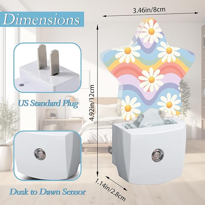 Groovy Hippie Daisies Flowers Night Light,Retro Rainbow Wavy Floral Plug-in Dusk to Dawn Smart Sensor Nightlight for Bathroom Bedroom Hallway Kitchen Stairs Energy Efficient Decor Desk Lamp
