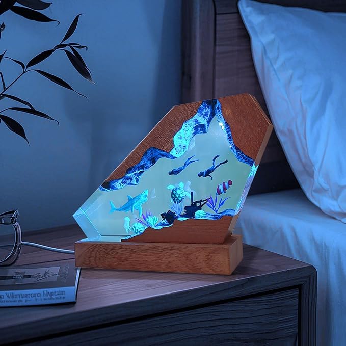 Shark Ocean Resin Lamp, Handmade Resin Night Light for Home Office Decor, Multi-Color LED Light with USB Port, Shark Gifts for Birthday Holiday, Valentine's Day Gifts for Men Him Kids (8"x5")