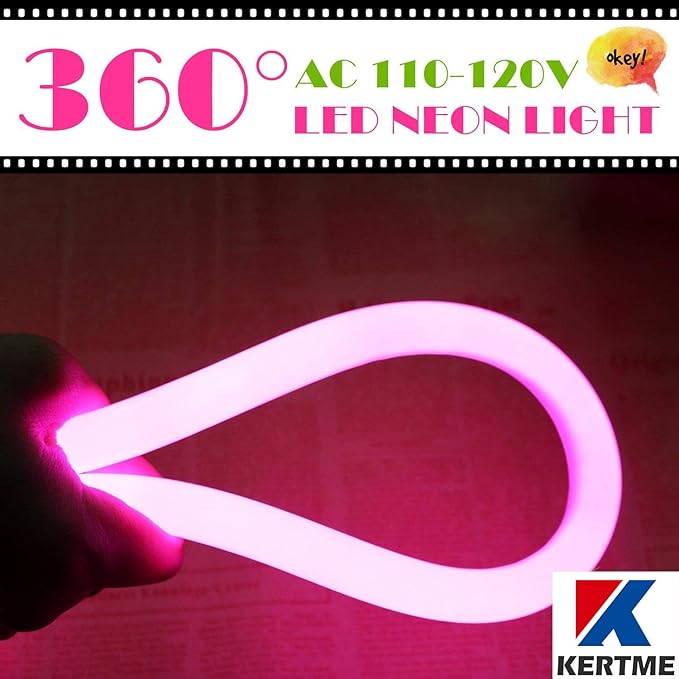 360° Neon Led Type AC 110-120V 360 Degree NEON LED Light Strip, Flexible/Waterproof/Dimmable/Multi-Modes LED Rope Light + Remote for Home/Garden/Building Decor (65.6ft/20m, Pink)
