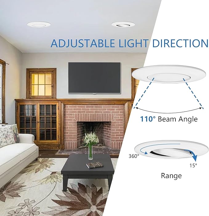 Jolux 6-Pack 5/6 Inch 5CCT LED Can Light Gimbal Retrofit Recessed Downlight, Adjustable Angle, Recessed Lighting CCT Selectable 2700K/3000K/3500K/4000K/5000K,12W=60W,800LM, Dimmable, E26 Base…