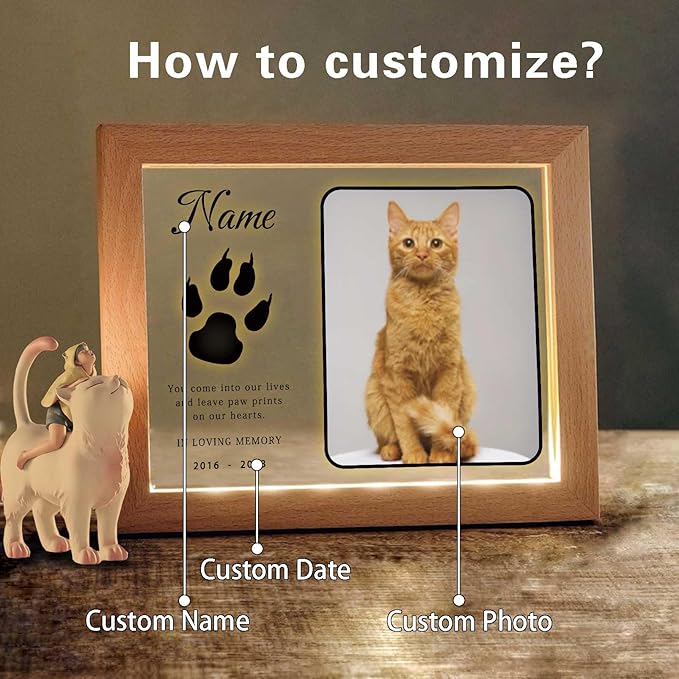 Personalized Pet Night Light Customized Dog Memorial Gift with Picture Name Date Light Up Acrylic Plaque Cat Sympathy Remembrance Gift(H-Cat Paw)
