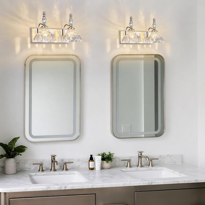 Vintage Bathroom Vanity Light, 2-Light Brushed Nickel Vanity Lighting Fixture with Flower Glass Shade, Bathroom Lighting Fixtures Over Mirror