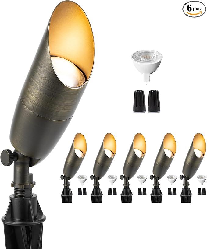 Gardenreet Low Voltage Spot Lights - Brass Landscape Spotlight Wired, 12V Outdoor LED Uplights, Waterproof 4 Inch Electrical, Bronze for Patio Wall Washer with 4000K Bright White MR16 Bulb (6 Pack)
