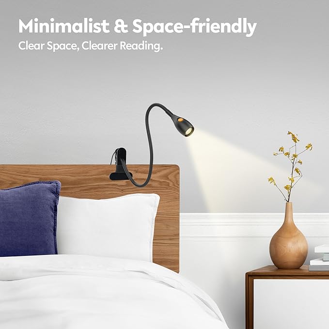 acegoo Minimalist Reading Light for Bed Headboard Dimmable Book Light Clip on Lamp with USB-C Adapter, Flexible Neck & Handy Lamp Head Switch, CRI 95+