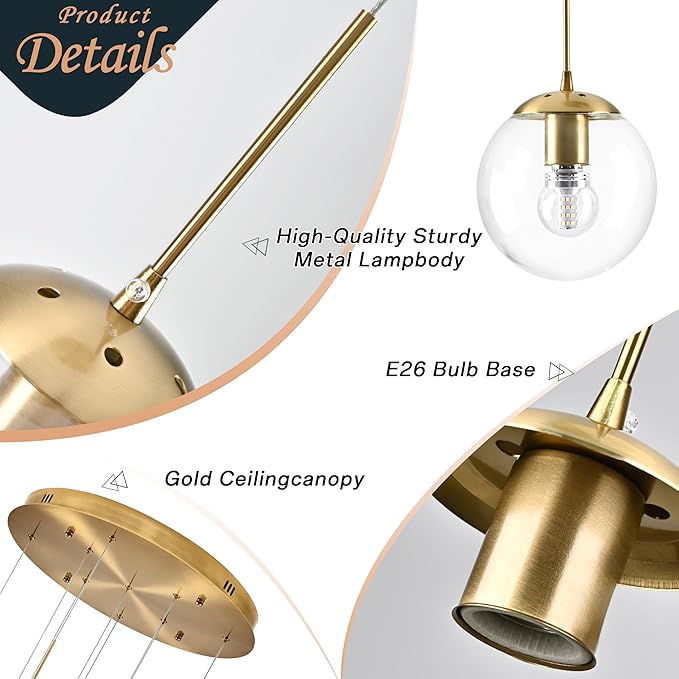 KoKo&Yukina 9-Light Globe Glass Pendant Light Adjustable Length Pendant Lights Fixtures Modern Gold Clear Globe Glass Chandelier High Ceiling Lights Fixtures for Foyer Staircase (Bulb & Remote Incl)