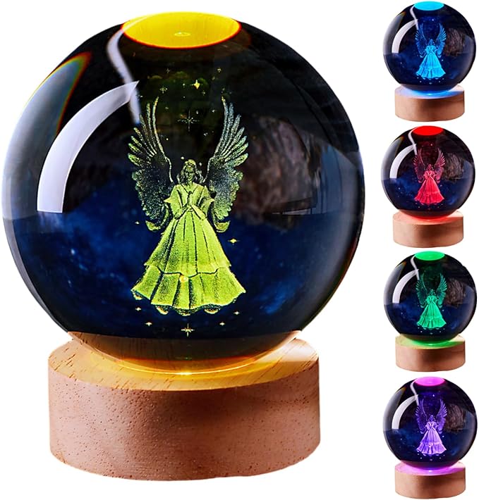 Large Angel Crystal Ball Night Light with Woodern Base, 3D Crystal Lamp 16 Color Changing with Remote Control, Laser Engraved Glass Ball Lamp, Room Decor (Angel)