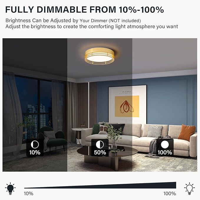 Dimmable Gold Flush Mount Ceiling Light, Modern Round LED Ceiling Lights Fixture, Kitchen Flushmount Light for Bedroom Hallway Kitchen 2700 K-6000 K 5CCT