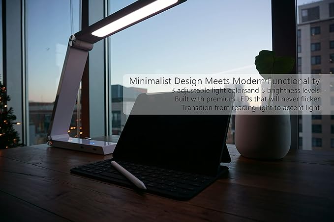 Modern LED Desk Lamp with Dimmable Light Control Wireless Charging and 2 USB Ports for Home Office Dorms Bedroom Reading Light (White)