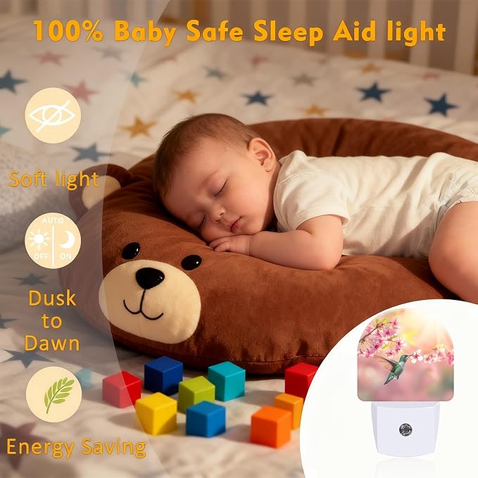 Hummingbird with Pink Flowers Night Light, Dusk-to-Dawn Auto Sensor Plug in Night Light for Kids, 0.5W Energy Saving LED NightLights for Bedroom/Bathroom, Ideal Gifts for Women Men