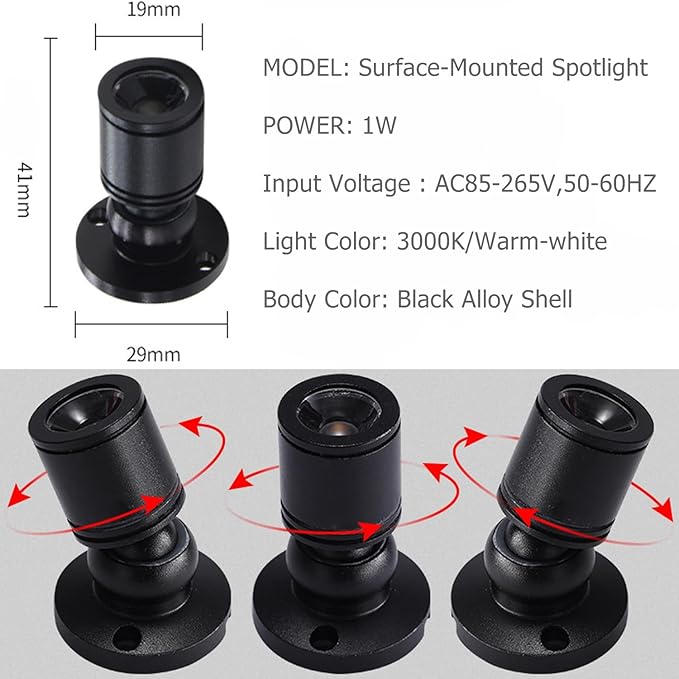 2Pack Mini Spot Light for Display 1W Cabinet Spotlights with AC 110V/220V to 3-12V Power Supply LED Driver Black Shell Warm-White 3000K