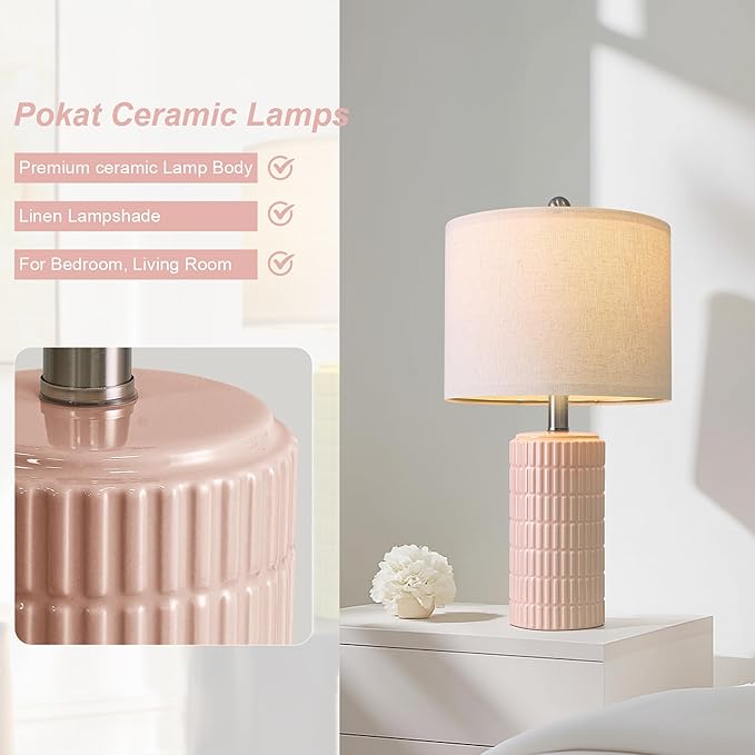 PoKat 20.75" Pink Ceramic Table Lamps Set of 2, Small Modern Bedroom Lamps for Girls Room, Bedside Lamps for Night Stands, Cute Lamps for Living Room Decor, Nightstands Desk Lamp, Light Pink