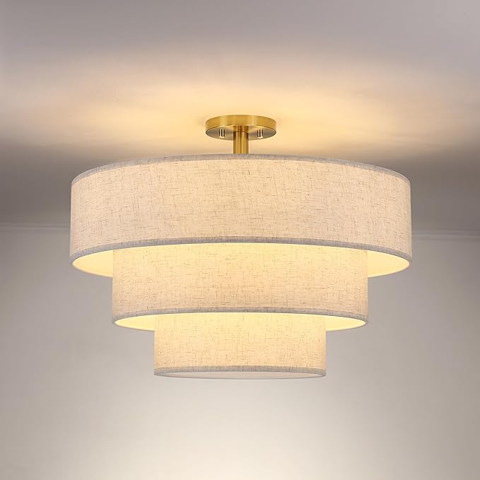 Doraimi Lighting 3 Tier Cream Linen Drum Fabric Semi Flush Mount Light Modern Farmhouse Decor 7 Light 24 Inch Retro Gold Finish for Kitchen Living Room Dining Room Corridor Hallway