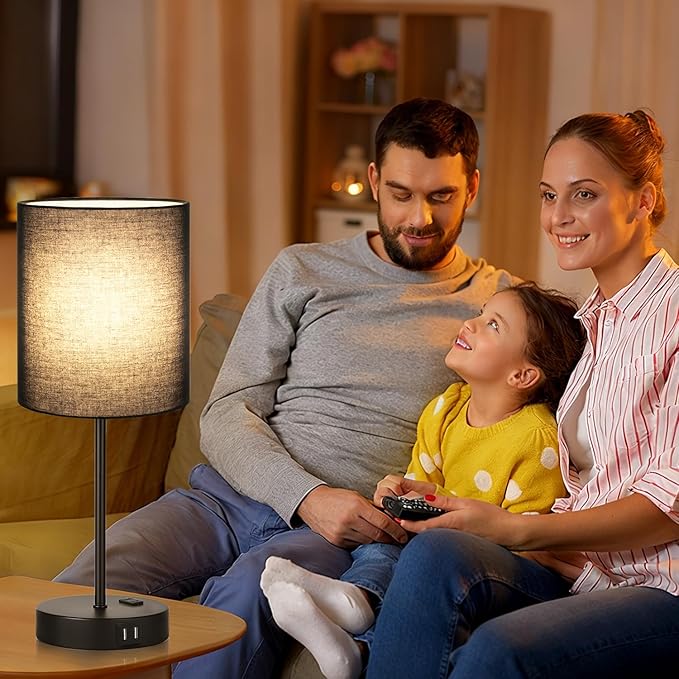 Lynnoland Set of 2 Touch Control Table Lamps with 2 USB & AC Outlet, 3-Way Dimmable Bedside Nightstand Lamps for Bedroom Living Room Nursery, 800 Lumens 3000K Warmlight Bulbs Included