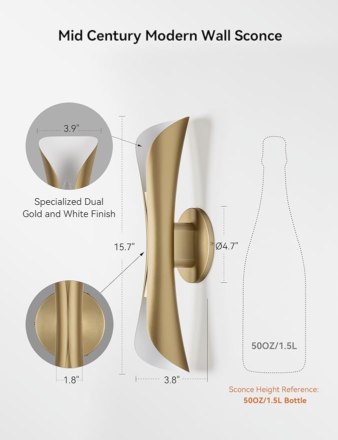 Tubicen Gold Wall Sconce Dimmable Mid Century Modern Sconces 15.7" H Large Up and Down Wall Lights for Living Room Movie Theater Lights for Wall Lamps for Bedroom Hardwired